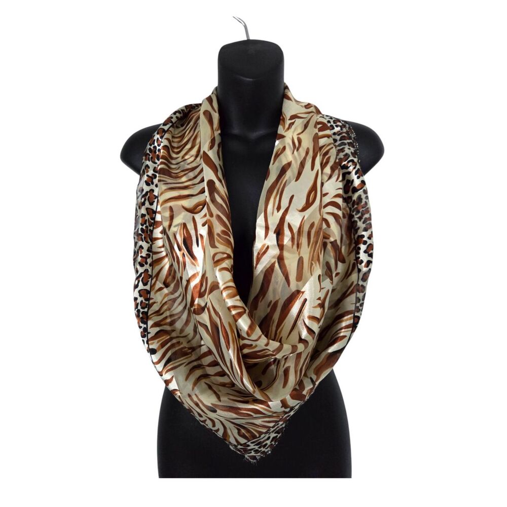 Boho Mixed Animal Print Satin Scarf Leopard Border Tan Brown Large Square